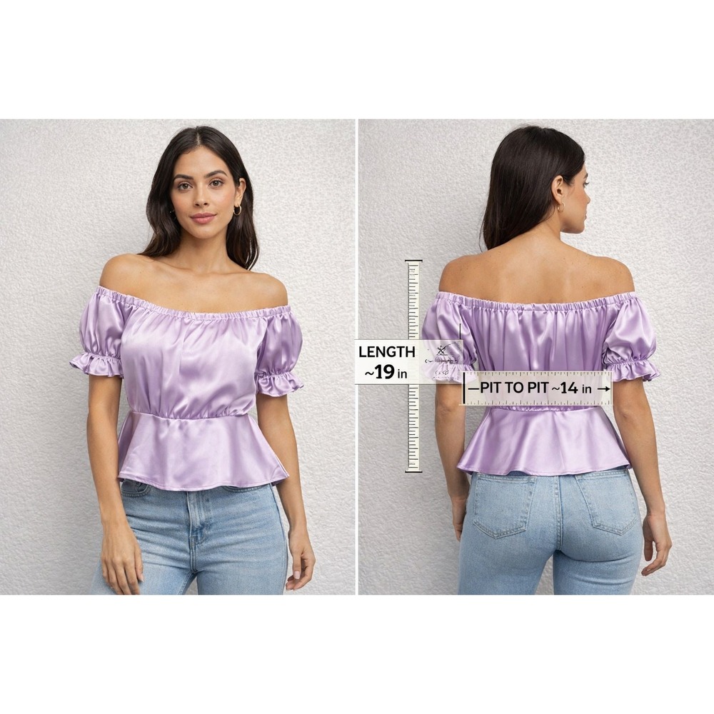 Idem Ditto Lavender Satin Off Shoulder‎ Peplum Top Smocked Puff Sleeve Small